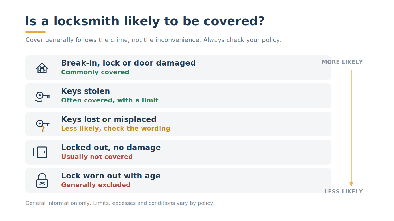 Illustration showing which locksmith situations insurance is most likely to cover, from a break-in through to a simple lockout.