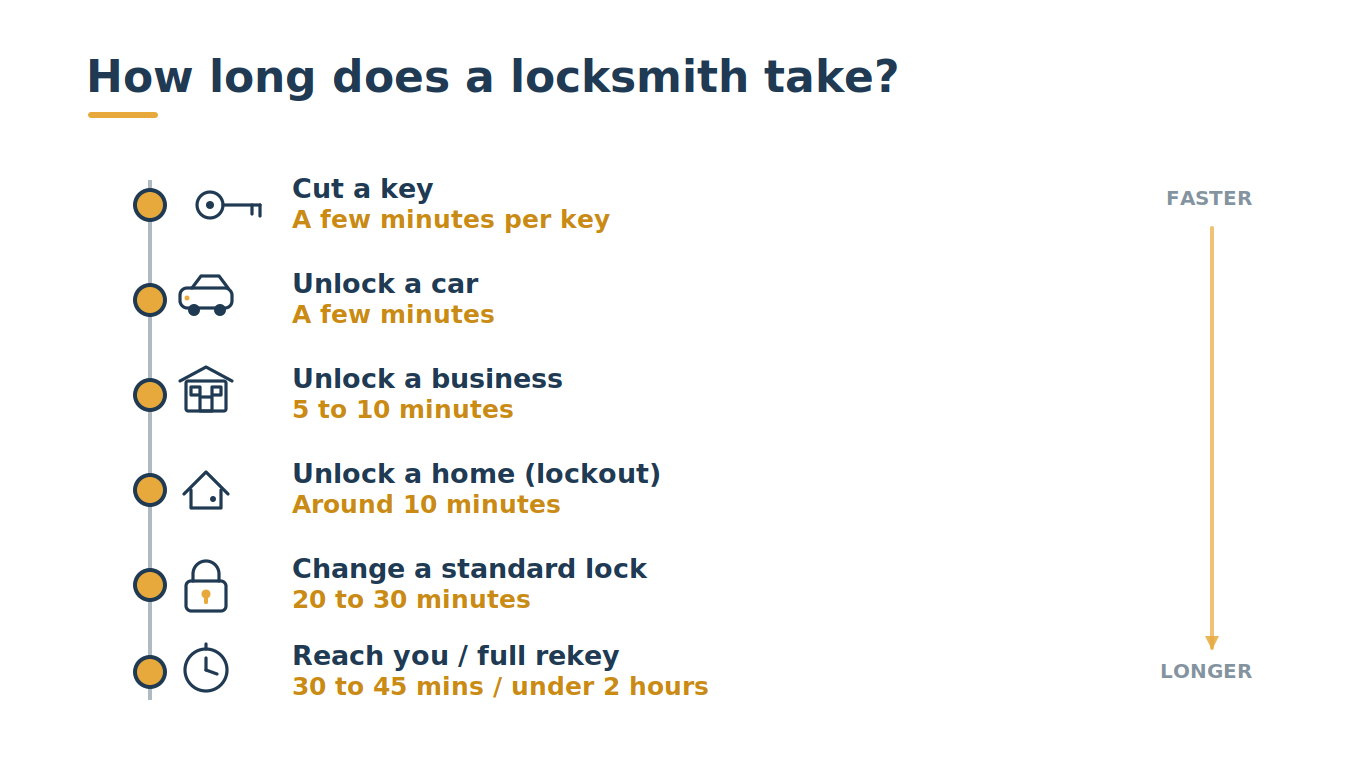 Timeline showing how long common locksmith jobs take, from cutting a key o a full rekey.