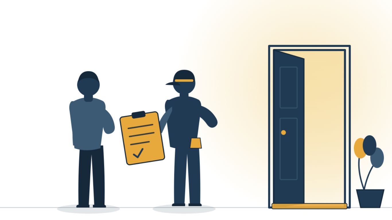 A Melbourne homeowner checking a locksmith's credentials at the front door before hiring them.