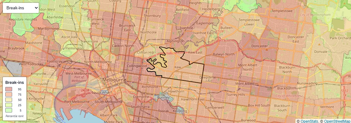 map of break-in stats for Kew