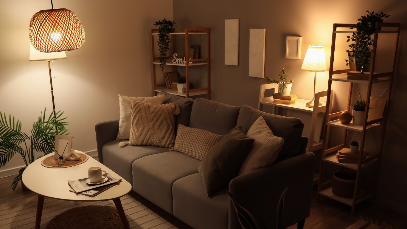 Melbourne living room with lights on a timer, creating the impression of an occupied home.