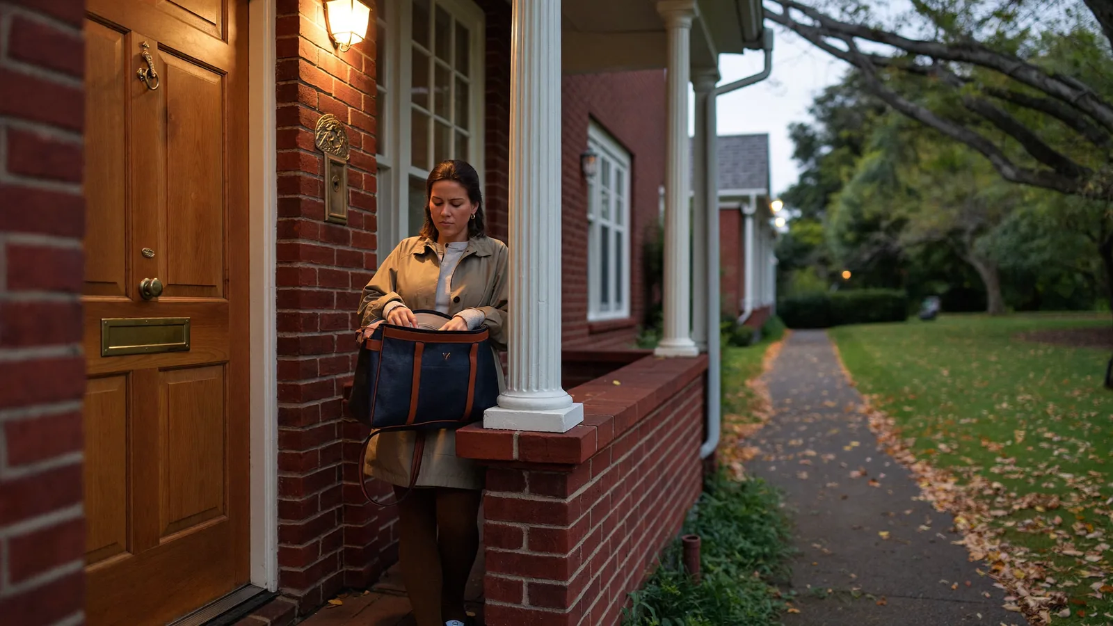 Woman searching her handbag for her keys outside the locked front door of a brick home at dusk