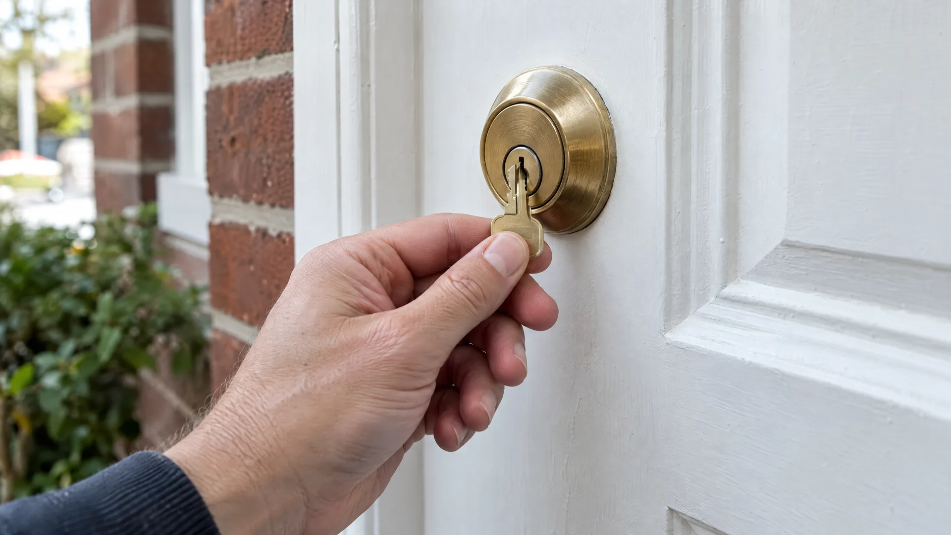 Hand easing a brass key out of a brass deadlock on a white painted timber front door