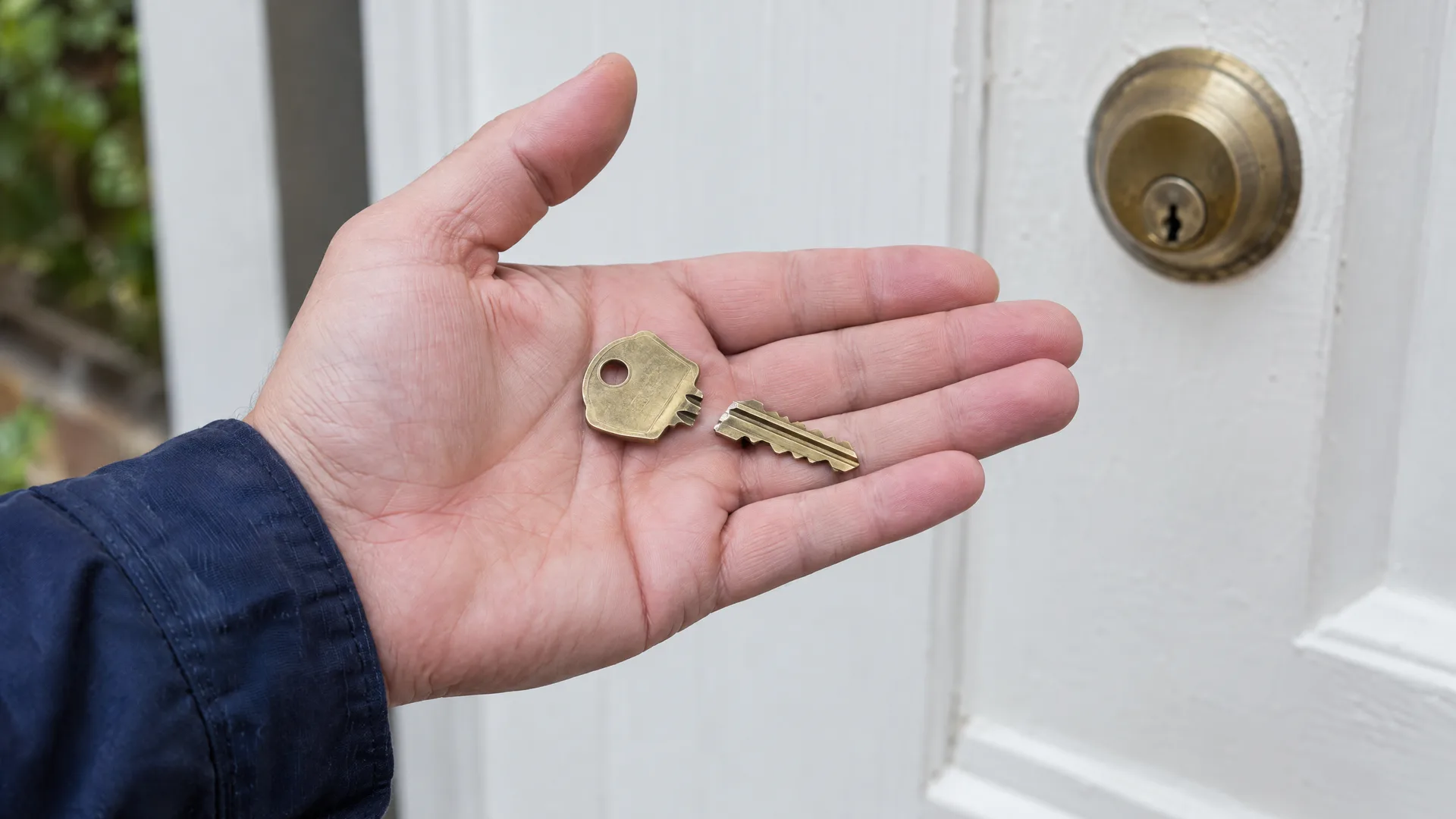 Open hand holding the two halves of a snapped brass key in front of a brass deadlock on a white front door